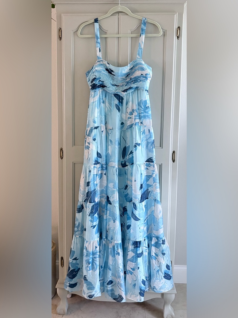 Abercrombie & Fitch Blue Floral Tiered Ruched Empire Waisted Maxi Dress Size M - Picture 1 of 13